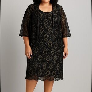 Alex Evenings Black and Gold Lace Two Piece Dress Set NWT Sz 24W